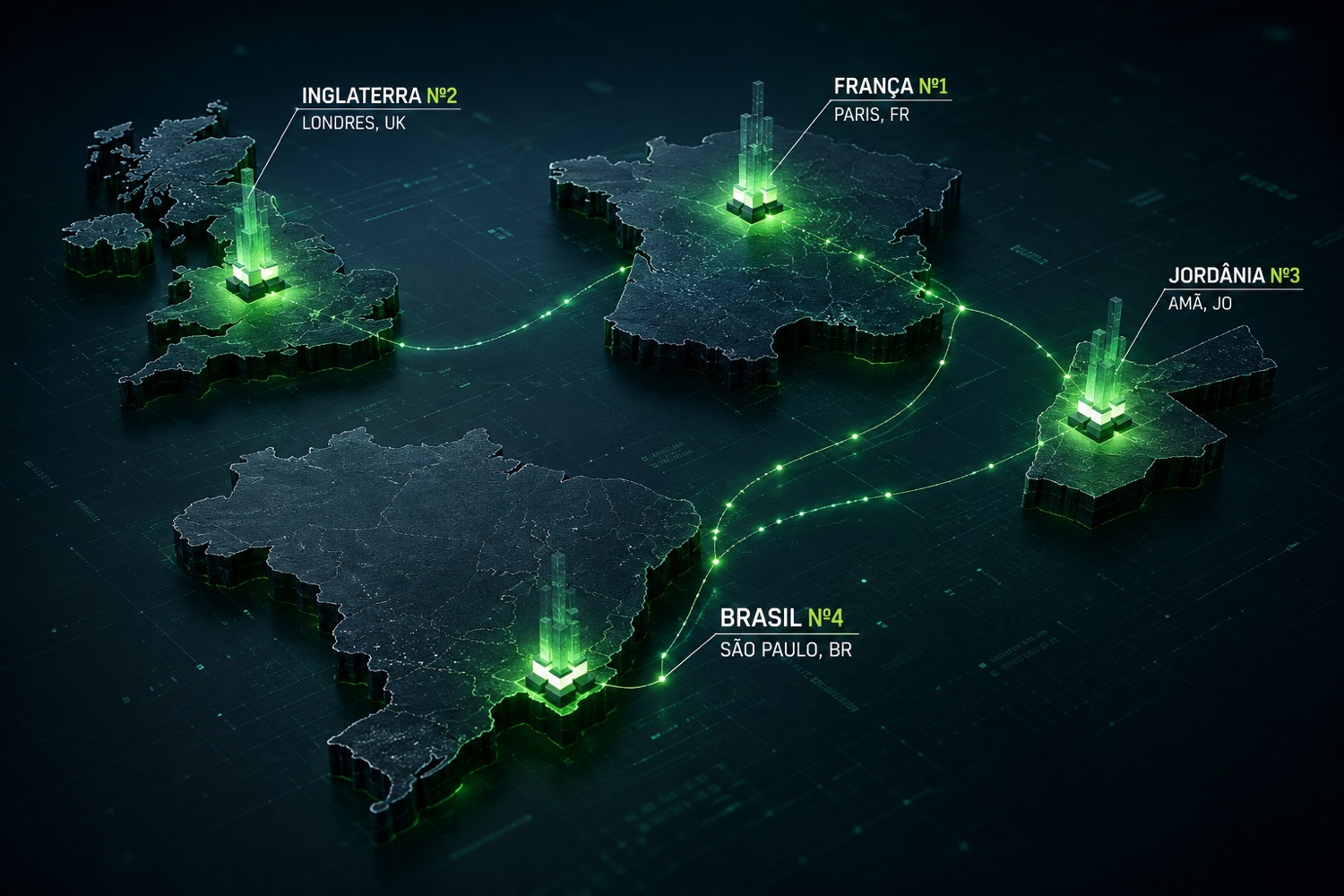Mapa das operações entregues: Inglaterra em Londres, França em Paris, Jordânia em Amã e Brasil em São Paulo, ligadas por uma rede de luz.